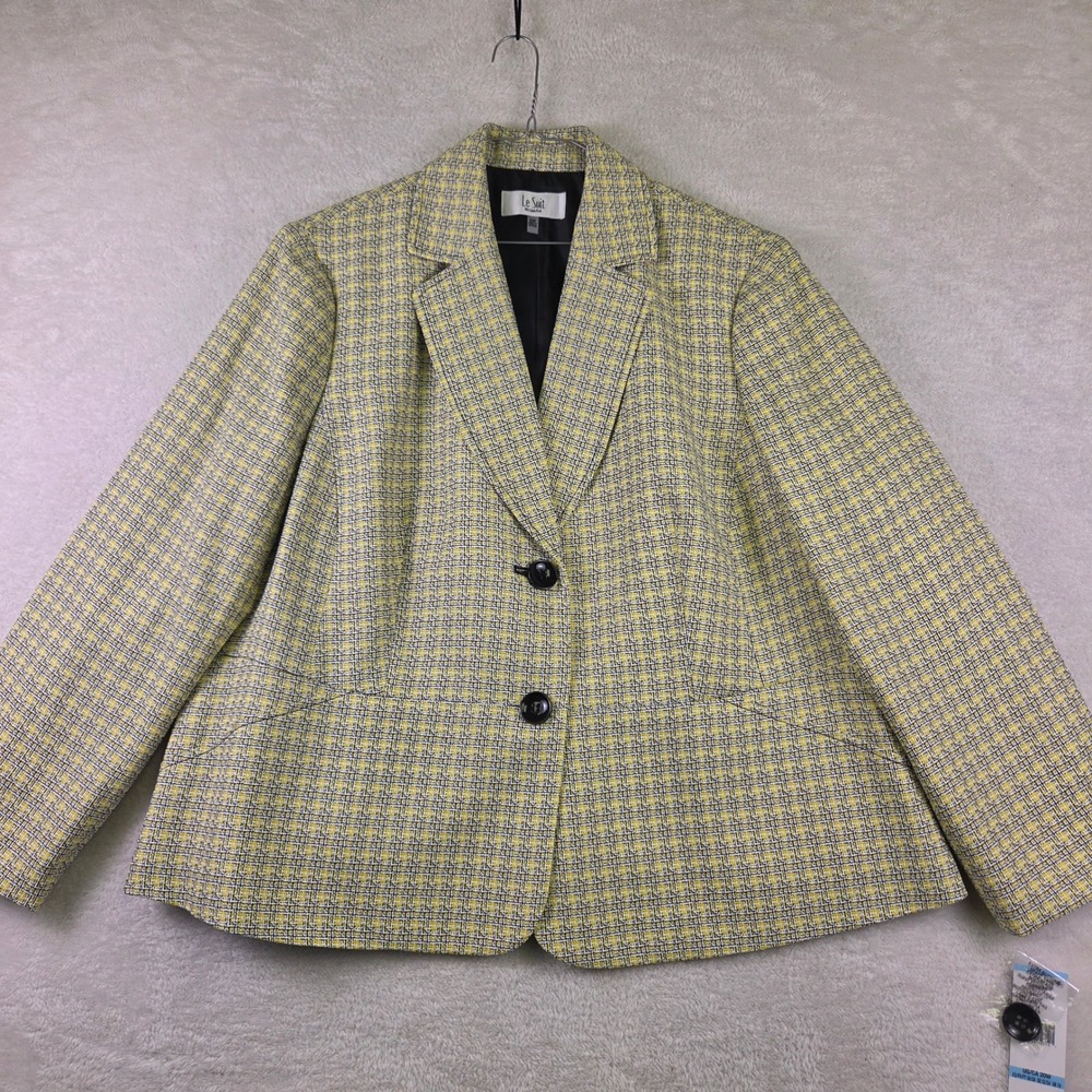 Le Suit Womens 20W Yellow Black Tweed Grid 2 Button Blazer Jacket NWT